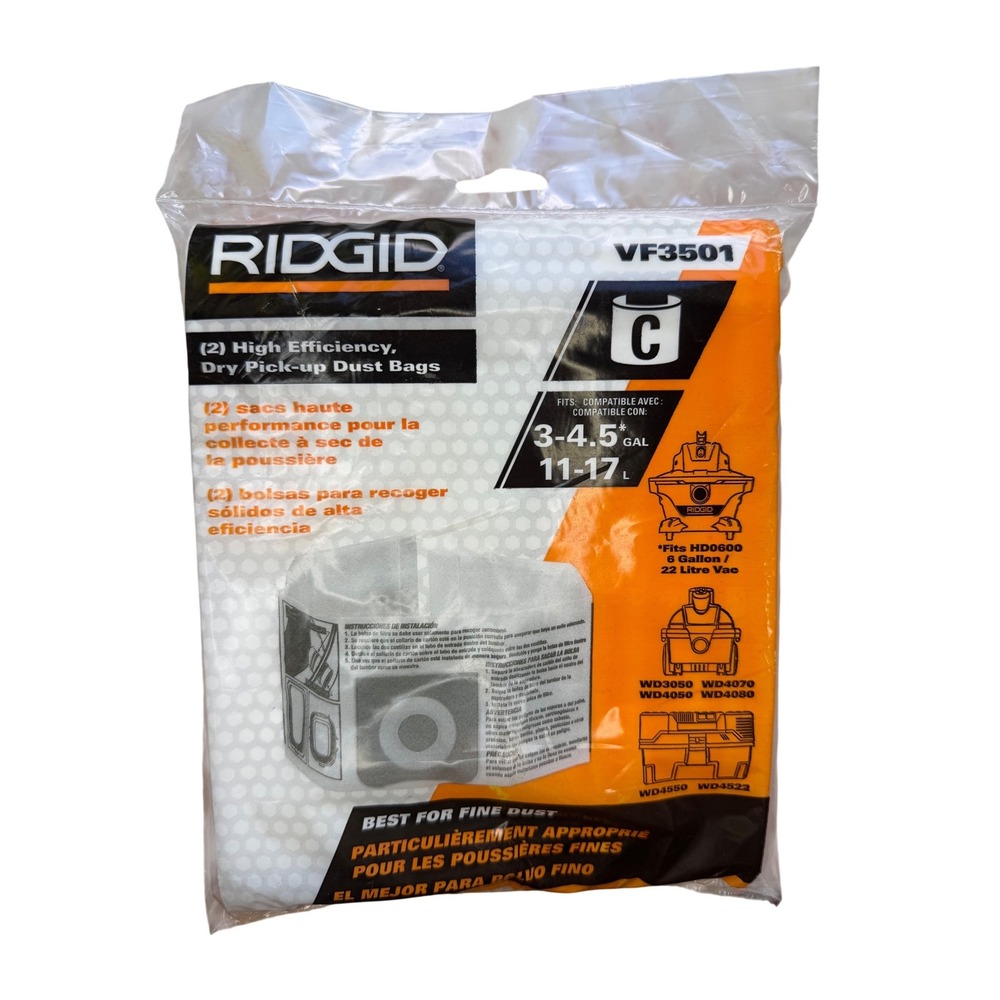 Ridgid VF3501 High Efficiency Dry Pick-up Dust Bags 2-Pack for 3-4.5 Gallon Vacs